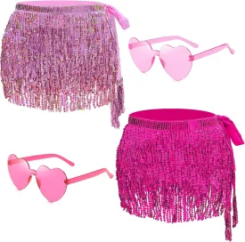 2Pcs Women's Sequin Tassel Belly Dance Skirt Wrap Halloween Rave Sparkly Fringe Skirts Boho Tassel Hip Scarf Rave Costume