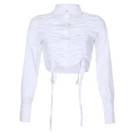 Aesthetic White Blue Ruched Long Sleeve Crop Shirt