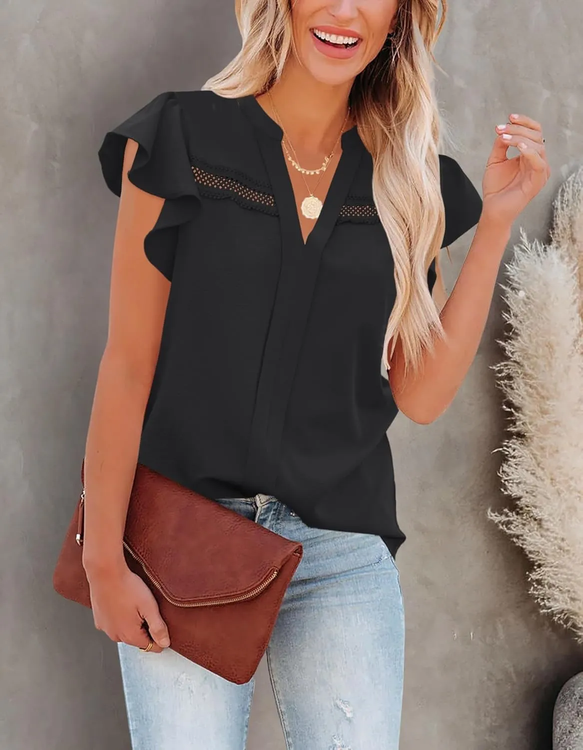 Aifer Womens Summer Blouses Dressy Casual V Neck Lace Crochet Flutter Short Sleeve Work Shirts Trendy Tops 2025
