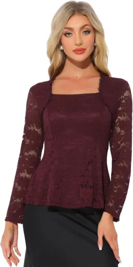 Allegra K Lace Tops for Women's Square Neck Long Sleeve Stertch Elegant Casual Peplum Blouse Top
