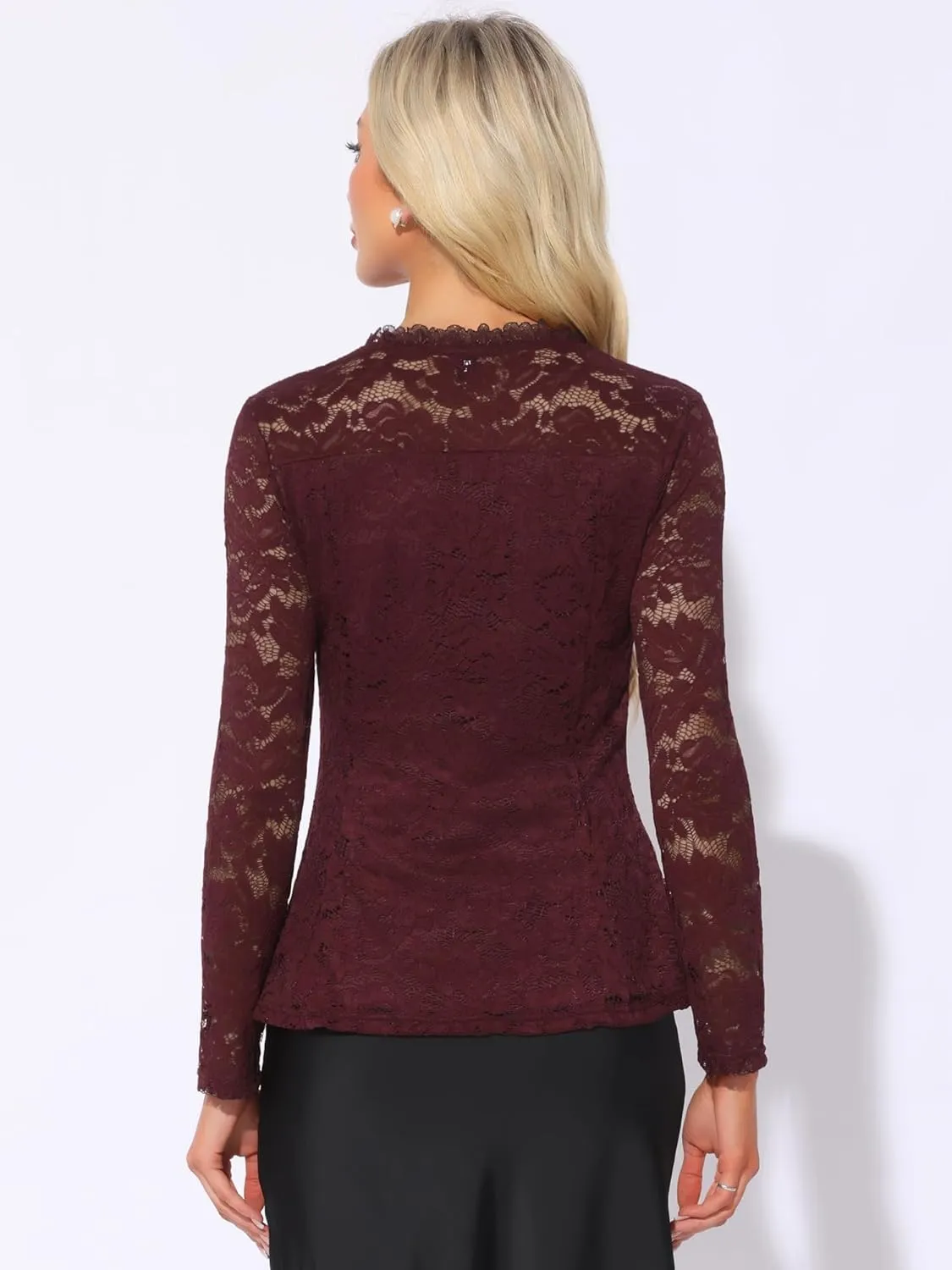 Allegra K Lace Tops for Women's Square Neck Long Sleeve Stertch Elegant Casual Peplum Blouse Top