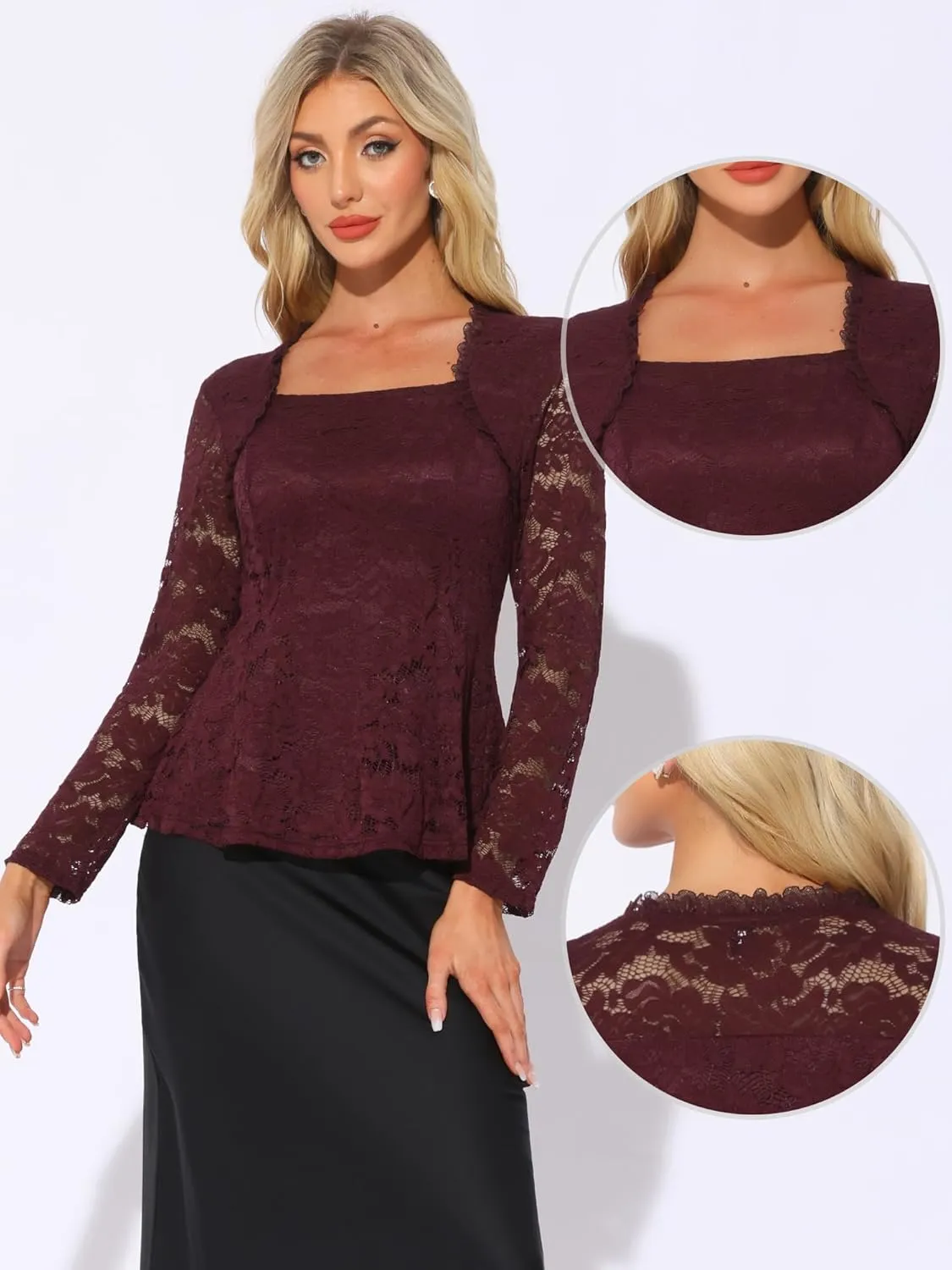 Allegra K Lace Tops for Women's Square Neck Long Sleeve Stertch Elegant Casual Peplum Blouse Top