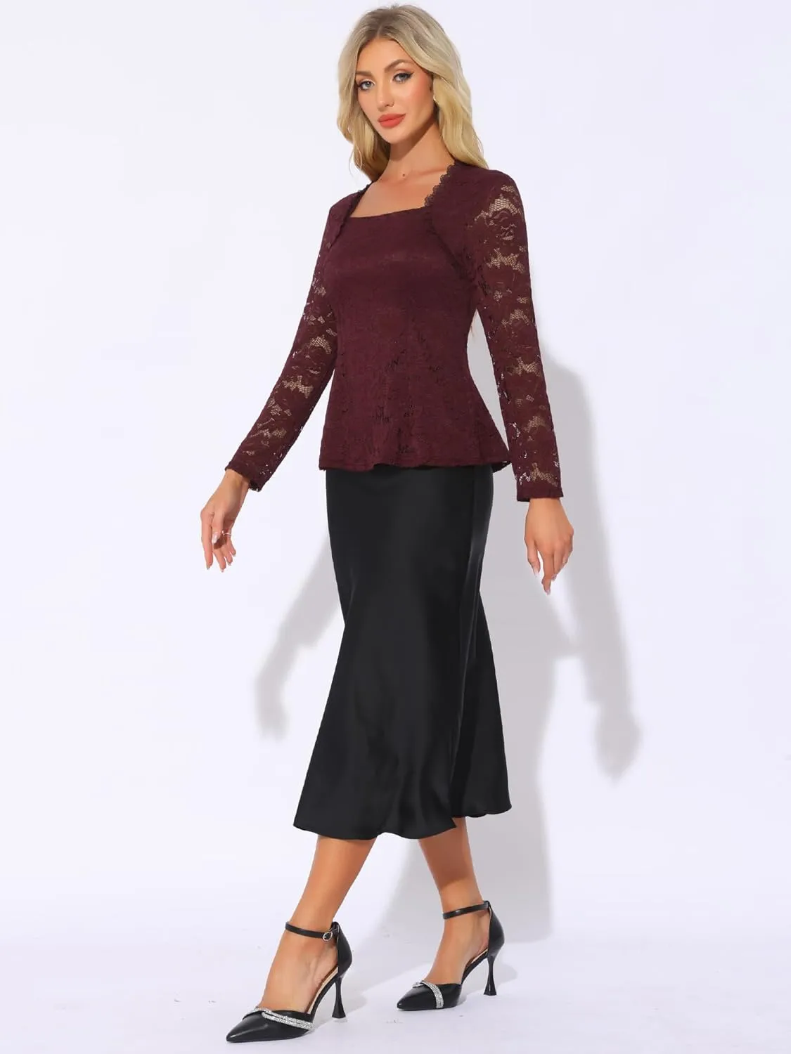 Allegra K Lace Tops for Women's Square Neck Long Sleeve Stertch Elegant Casual Peplum Blouse Top
