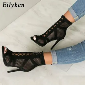 Amozae- 2024 Fashion Black Summer Sandals Lace Up Cross-tied Peep Toe High Heel Ankle Strap Net Surface Hollow Out Sandals