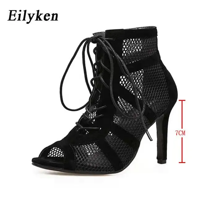 Amozae- 2024 Fashion Black Summer Sandals Lace Up Cross-tied Peep Toe High Heel Ankle Strap Net Surface Hollow Out Sandals