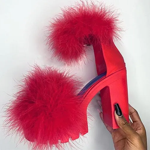 Amozae--Back to school outfit  Woman Platform Fur Sandals Ladies INS Plush High Heels Female PU Leather Non Slip Shoe Women Open Toe Women's Footwear Plus Size