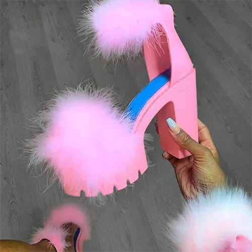 Amozae--Back to school outfit  Woman Platform Fur Sandals Ladies INS Plush High Heels Female PU Leather Non Slip Shoe Women Open Toe Women's Footwear Plus Size