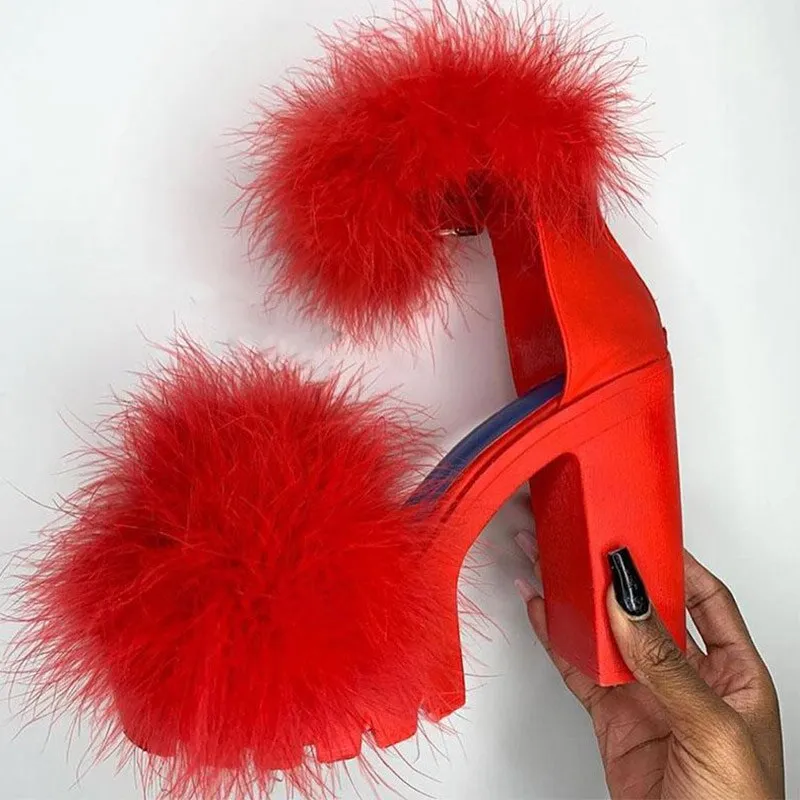 Amozae--Back to school outfit  Woman Platform Fur Sandals Ladies INS Plush High Heels Female PU Leather Non Slip Shoe Women Open Toe Women's Footwear Plus Size