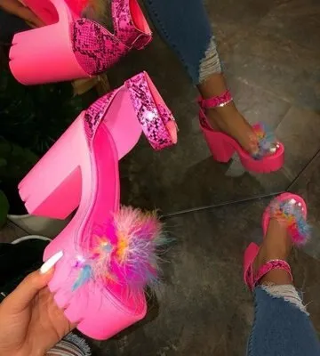 Amozae--Back to school outfit  Woman Platform Fur Sandals Ladies INS Plush High Heels Female PU Leather Non Slip Shoe Women Open Toe Women's Footwear Plus Size
