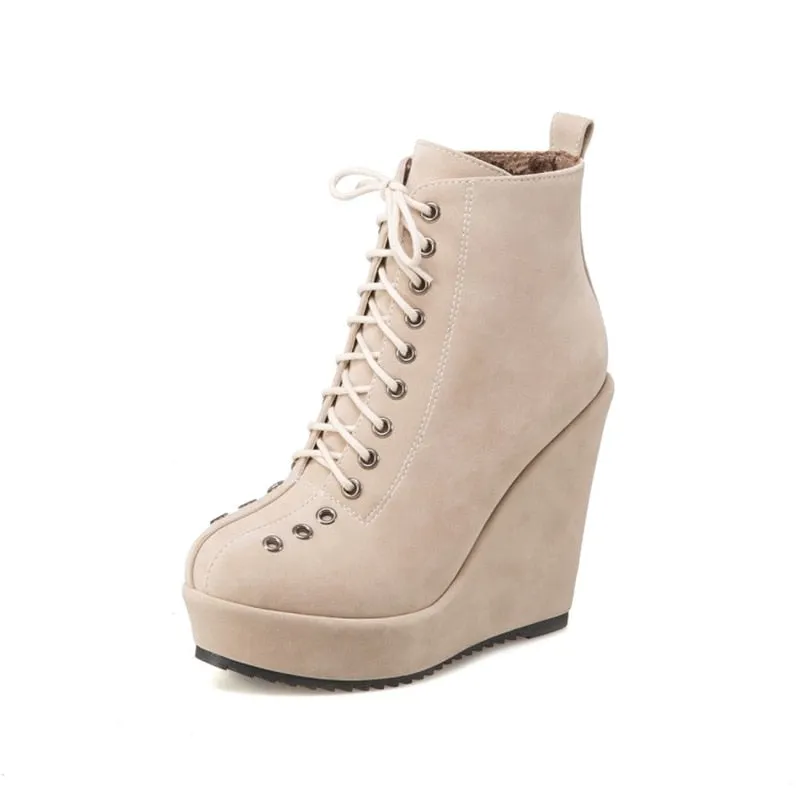Amozae Platform Women's Ankle Boots Shoes Autumn Winter Wedge Heels Lace Up Short Boots Nude Red Black Suede Ankle Boots For Women