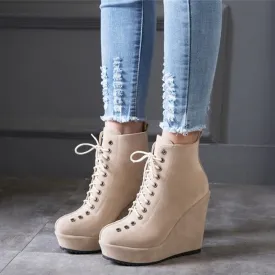 Amozae Platform Women's Ankle Boots Shoes Autumn Winter Wedge Heels Lace Up Short Boots Nude Red Black Suede Ankle Boots For Women