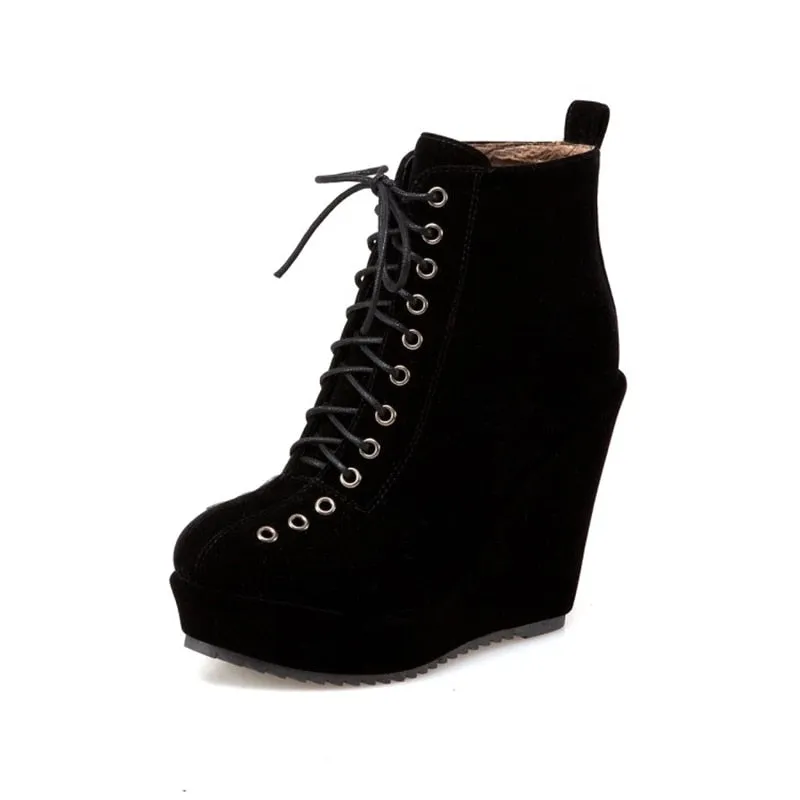 Amozae Platform Women's Ankle Boots Shoes Autumn Winter Wedge Heels Lace Up Short Boots Nude Red Black Suede Ankle Boots For Women