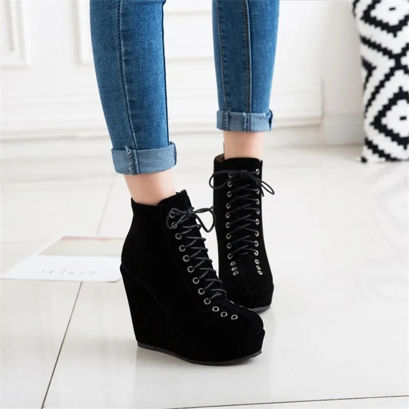 Amozae Platform Women's Ankle Boots Shoes Autumn Winter Wedge Heels Lace Up Short Boots Nude Red Black Suede Ankle Boots For Women