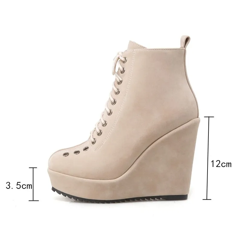 Amozae Platform Women's Ankle Boots Shoes Autumn Winter Wedge Heels Lace Up Short Boots Nude Red Black Suede Ankle Boots For Women