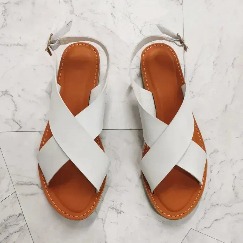 AMOZAE- - Summer Sandals Buckle Strap Flats, Solid Peep Toe Design