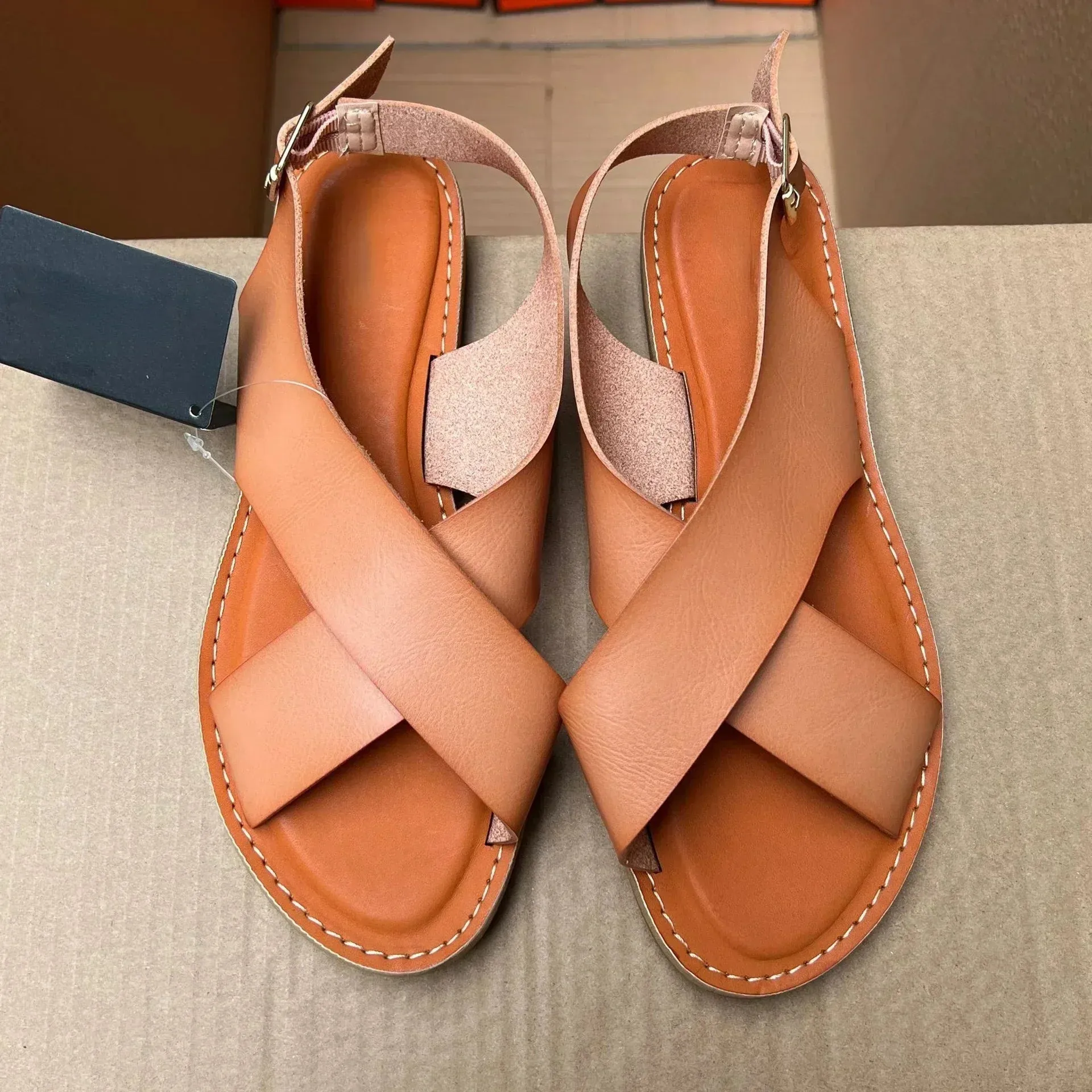 AMOZAE- - Summer Sandals Buckle Strap Flats, Solid Peep Toe Design