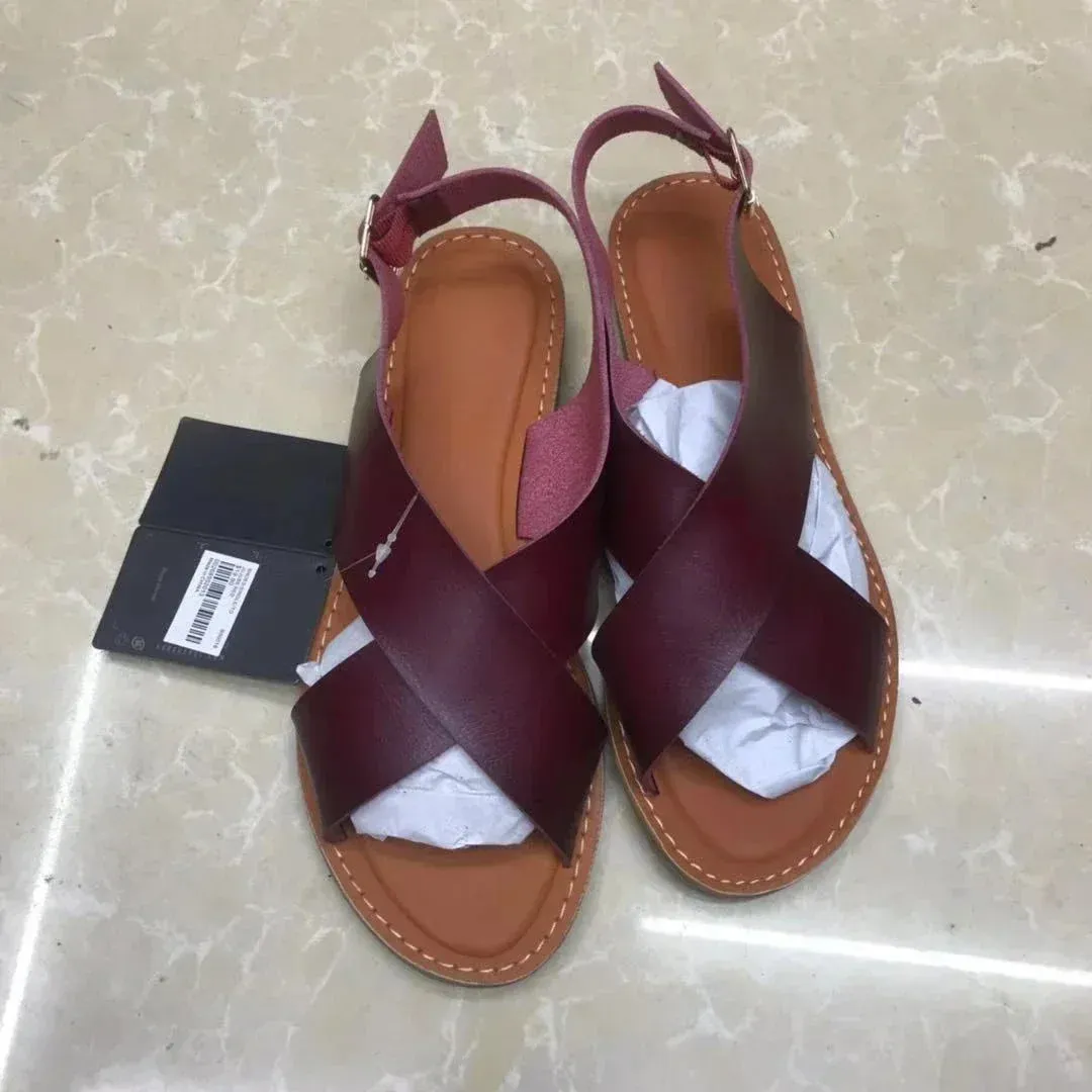 AMOZAE- - Summer Sandals Buckle Strap Flats, Solid Peep Toe Design