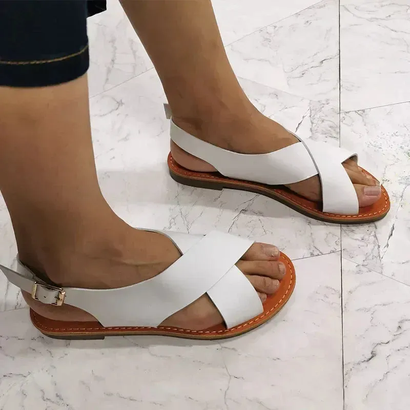 AMOZAE- - Summer Sandals Buckle Strap Flats, Solid Peep Toe Design
