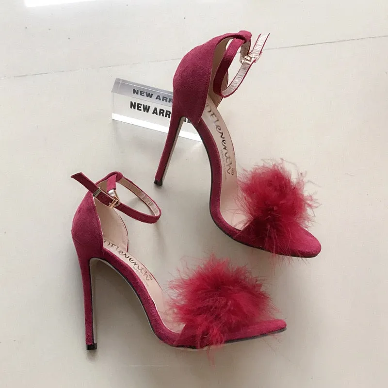 Amozae-  Women Stiletto Sandalen 2024 Trend 11Cm Heels Designers Summer Shoes Open Toe Fluff Strappy Thin High Heels Lace Up Fur Sandals