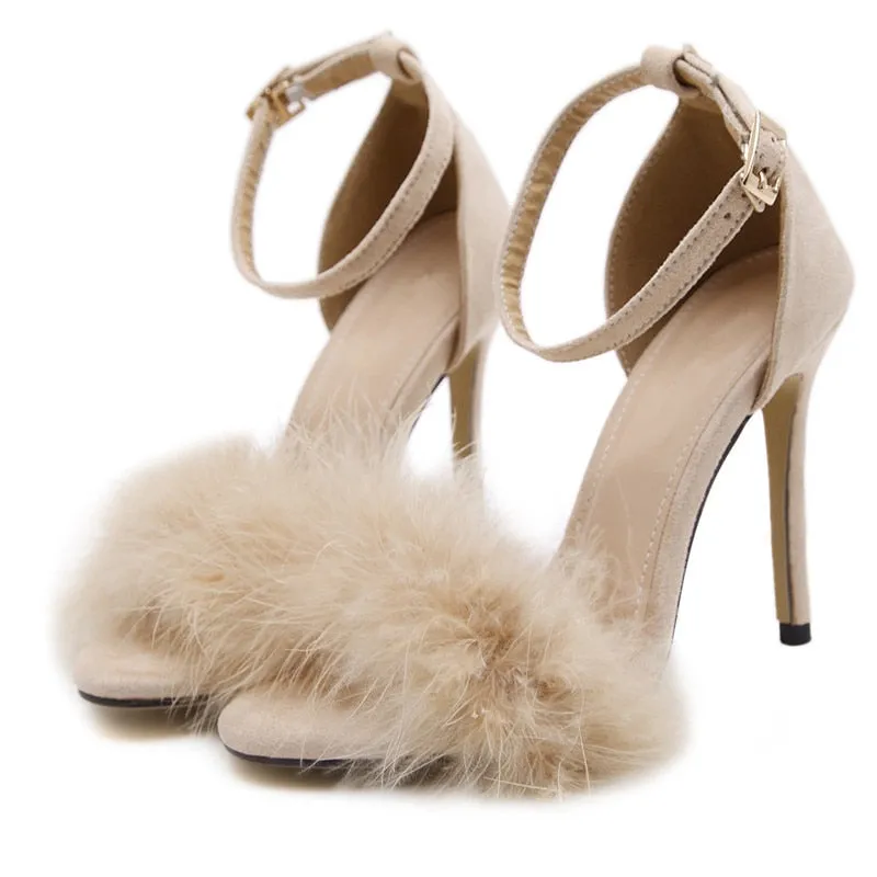 Amozae-  Women Stiletto Sandalen 2024 Trend 11Cm Heels Designers Summer Shoes Open Toe Fluff Strappy Thin High Heels Lace Up Fur Sandals