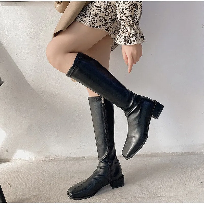 Amozae--Women's Knee High Long Boots Soft PU Leather Shoes Square Mid Heels Ladies Fashion Booties Autumn Winter Female Thigh High Boots
