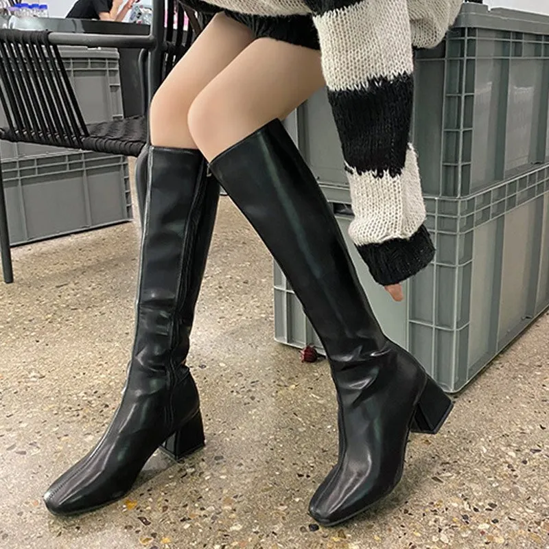 Amozae--Women's Knee High Long Boots Soft PU Leather Shoes Square Mid Heels Ladies Fashion Booties Autumn Winter Female Thigh High Boots