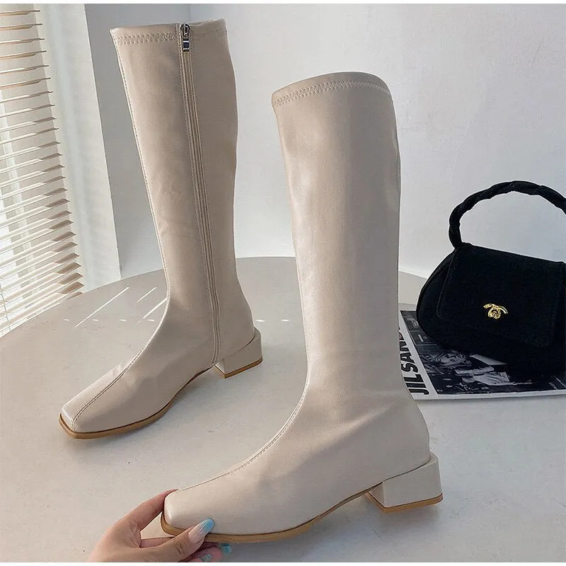 Amozae--Women's Knee High Long Boots Soft PU Leather Shoes Square Mid Heels Ladies Fashion Booties Autumn Winter Female Thigh High Boots