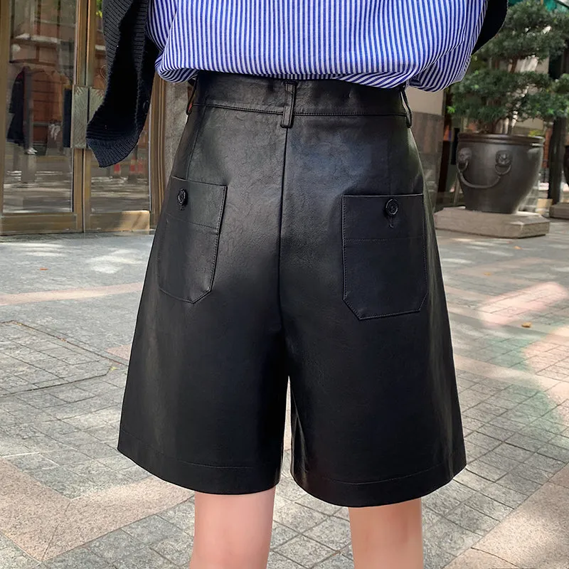 Amy Fashion - Back Buttons Fashion PU Leather Shorts