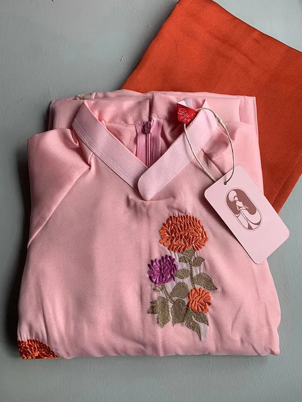 Ao Dai Vietnam Shifted Light Pink Double Sleeve Chiffon Include Ao Dai Top And Pants