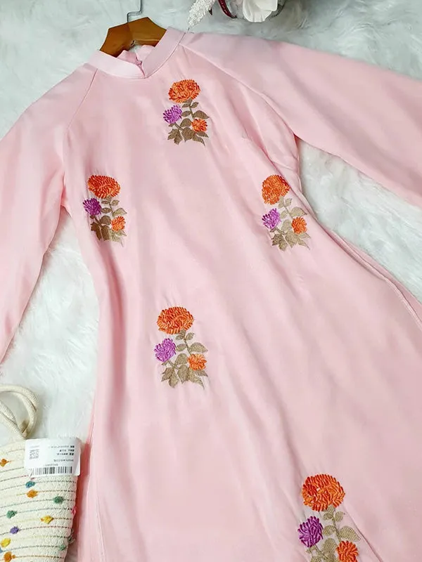 Ao Dai Vietnam Shifted Light Pink Double Sleeve Chiffon Include Ao Dai Top And Pants