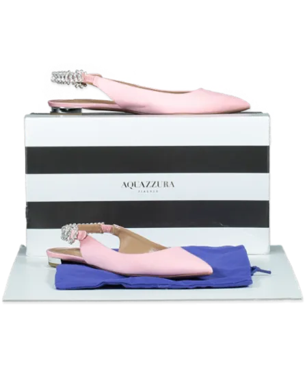 Aquazzura Pink 10mm Portrait Of Lady Grosgrain Crystal Embellished Flats UK 4 EU 37 👠