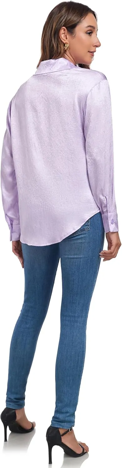 Atnlewhi Women's Long Sleeve Button Down Satin Silk Texture Shirts Casual Business Smooth Blouse Tops