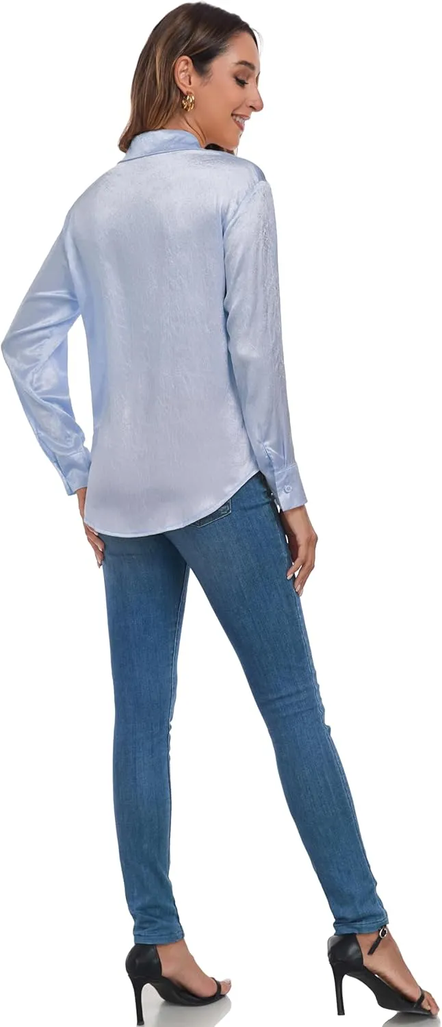 Atnlewhi Women's Long Sleeve Button Down Satin Silk Texture Shirts Casual Business Smooth Blouse Tops