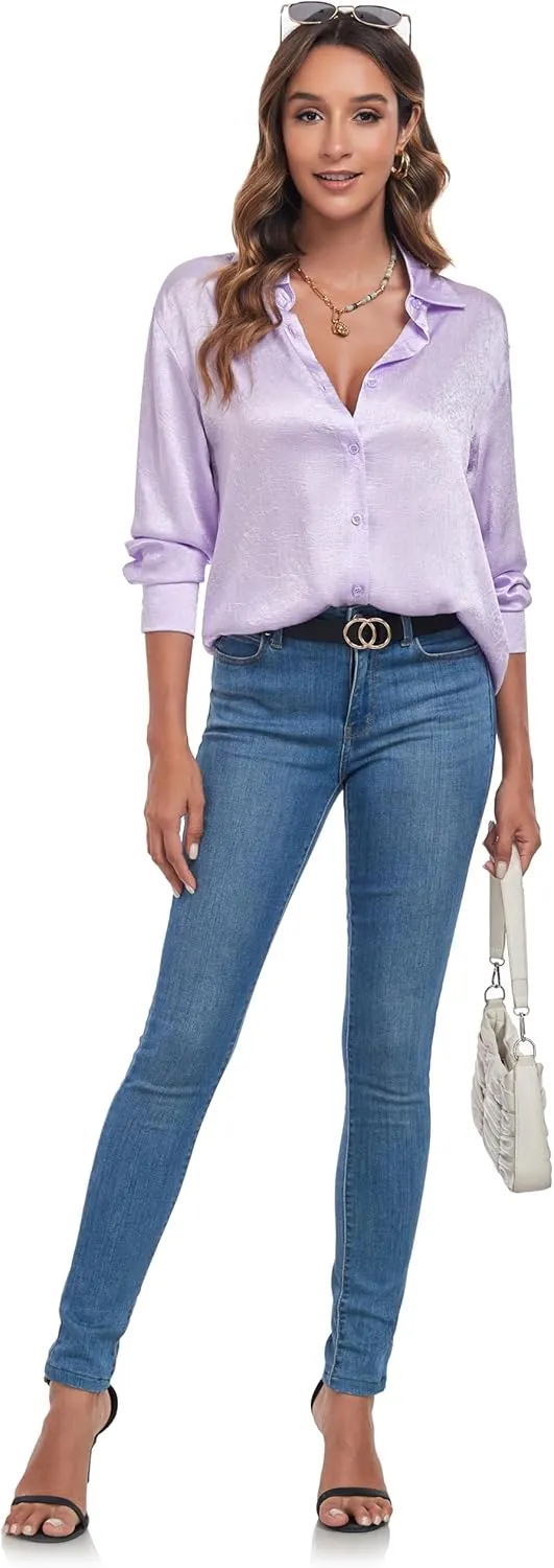 Atnlewhi Women's Long Sleeve Button Down Satin Silk Texture Shirts Casual Business Smooth Blouse Tops