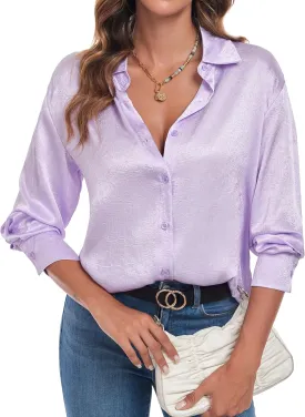 Atnlewhi Women's Long Sleeve Button Down Satin Silk Texture Shirts Casual Business Smooth Blouse Tops