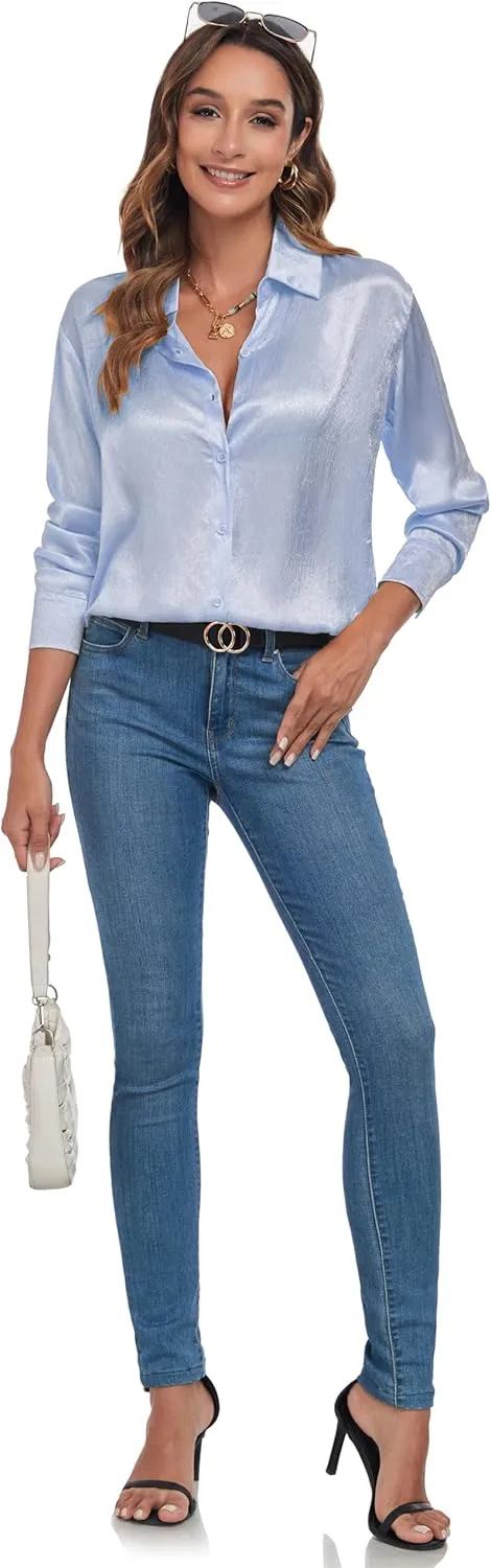 Atnlewhi Women's Long Sleeve Button Down Satin Silk Texture Shirts Casual Business Smooth Blouse Tops