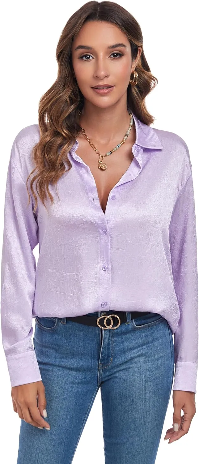 Atnlewhi Women's Long Sleeve Button Down Satin Silk Texture Shirts Casual Business Smooth Blouse Tops