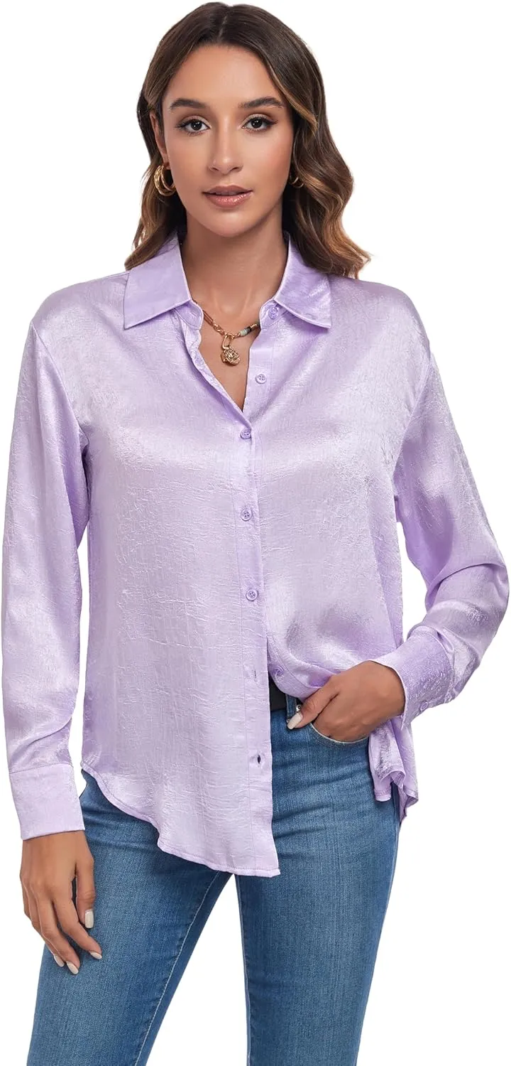Atnlewhi Women's Long Sleeve Button Down Satin Silk Texture Shirts Casual Business Smooth Blouse Tops