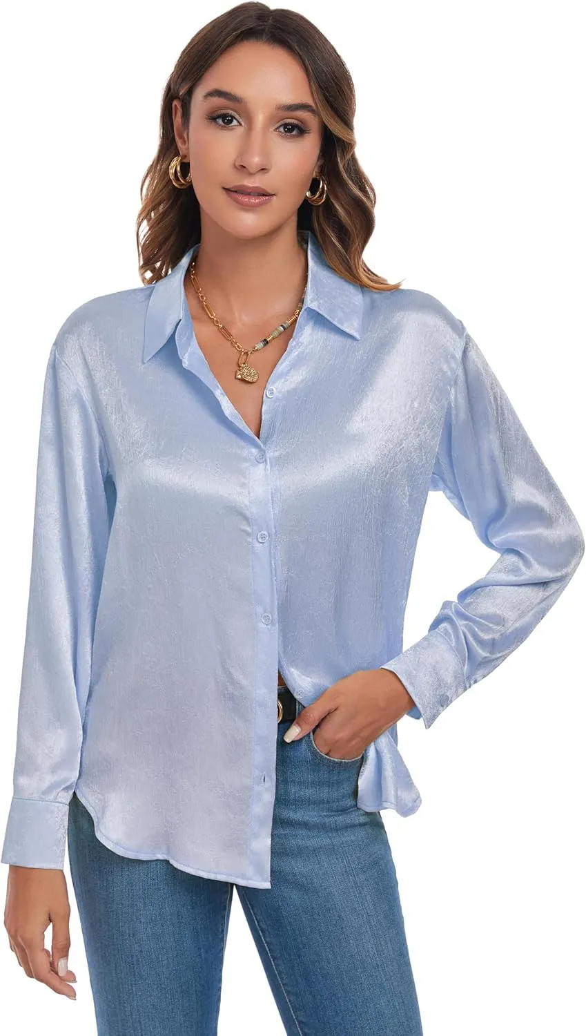 Atnlewhi Women's Long Sleeve Button Down Satin Silk Texture Shirts Casual Business Smooth Blouse Tops