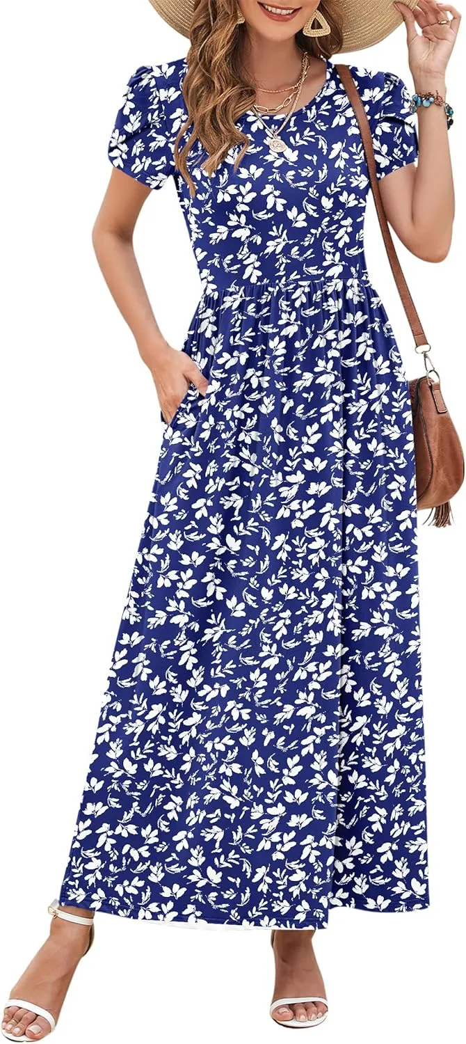 AUSELILY Women's Summer Maxi Dresses Petal Sleeves Casual Empire Waist Long Dress with Pockets 2025 New