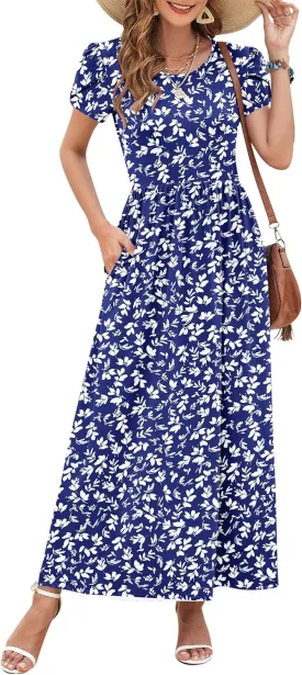 AUSELILY Women's Summer Maxi Dresses Petal Sleeves Casual Empire Waist Long Dress with Pockets 2025 New