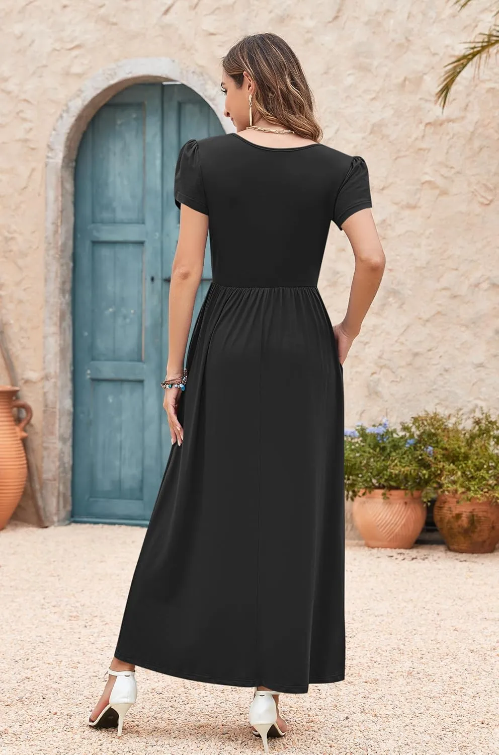 AUSELILY Women's Summer Maxi Dresses Petal Sleeves Casual Empire Waist Long Dress with Pockets 2025 New