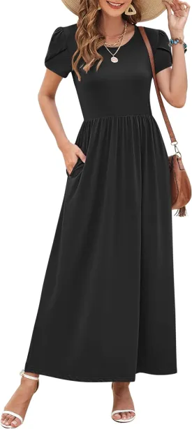 AUSELILY Women's Summer Maxi Dresses Petal Sleeves Casual Empire Waist Long Dress with Pockets 2025 New