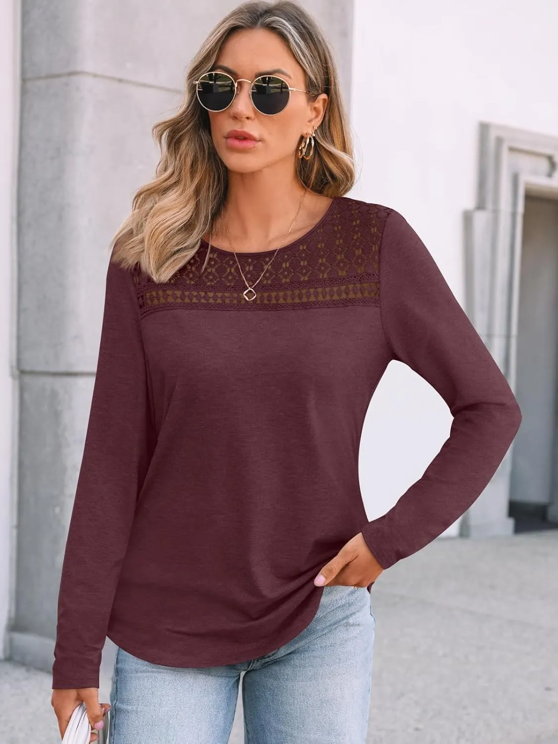 AUTOMET Womens Long Sleeve T-Shirts Business Dressy Casual Tops Trendy Blouse Fall Fashion Outfits Lace Crewneck Clothes 2025