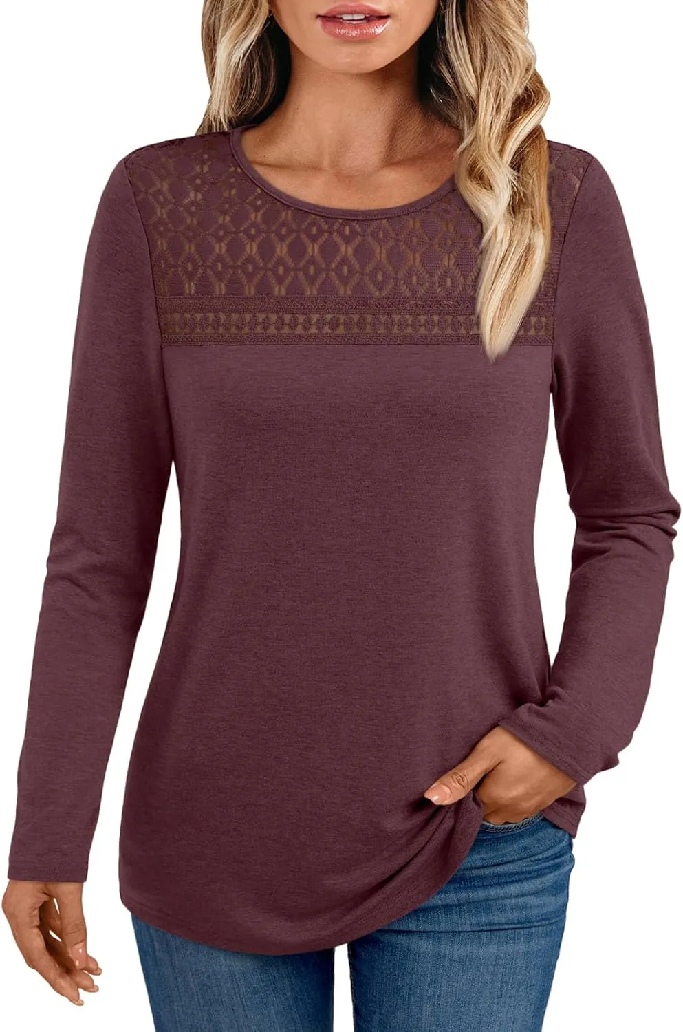 AUTOMET Womens Long Sleeve T-Shirts Business Dressy Casual Tops Trendy Blouse Fall Fashion Outfits Lace Crewneck Clothes 2025