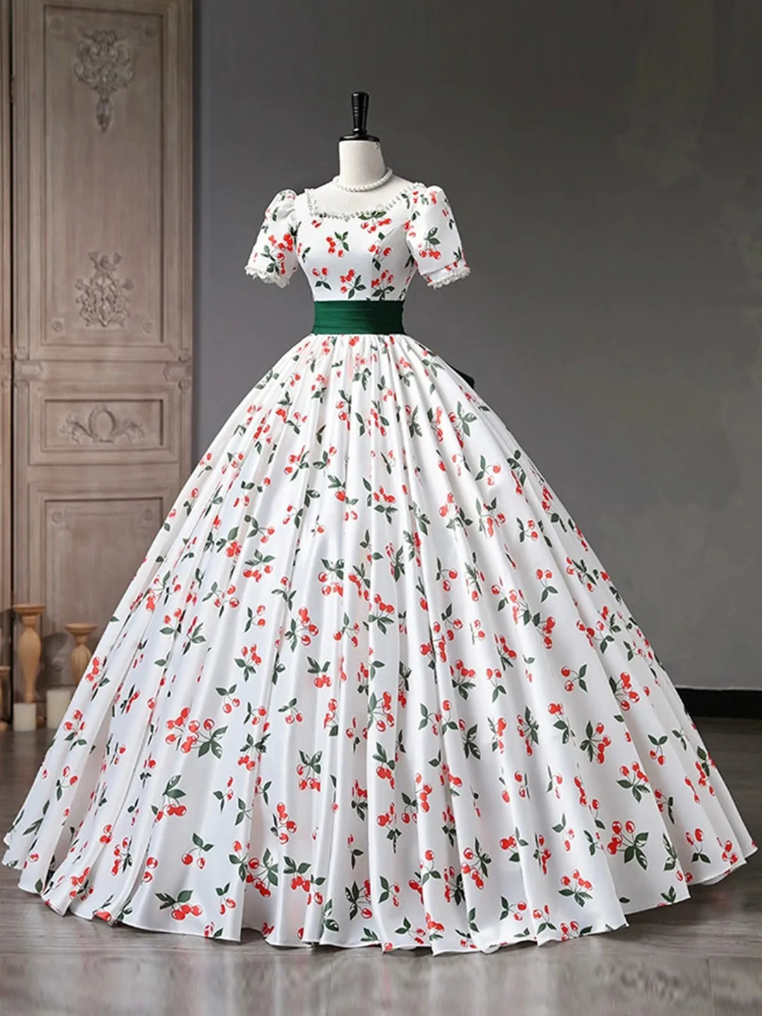 Beautiful Cherry Pattern Long Princess Prom Dress White A-Line Short Sleeve Evening Party Dress