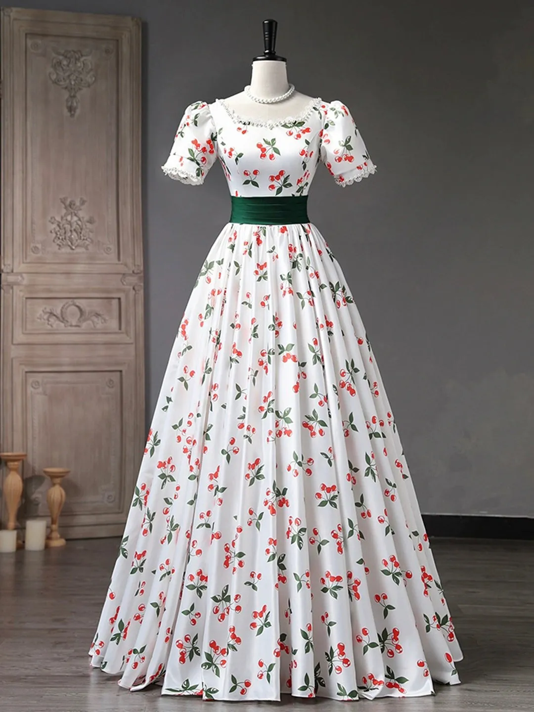 Beautiful Cherry Pattern Long Princess Prom Dress White A-Line Short Sleeve Evening Party Dress