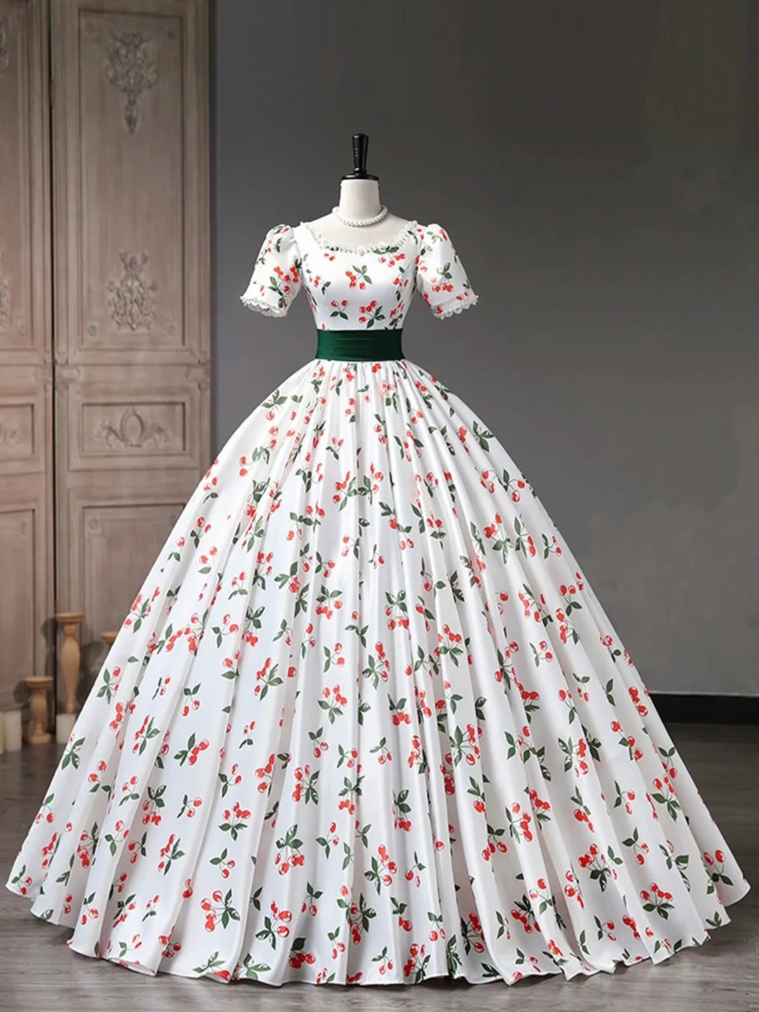 Beautiful Cherry Pattern Long Princess Prom Dress White A-Line Short Sleeve Evening Party Dress