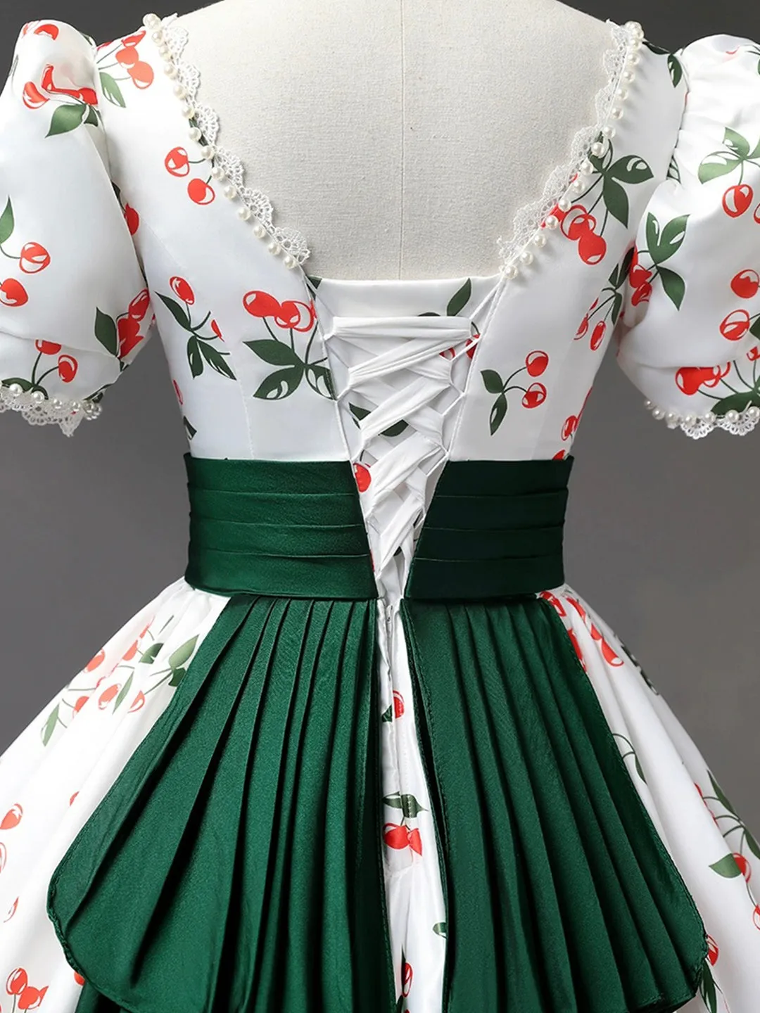 Beautiful Cherry Pattern Long Princess Prom Dress White A-Line Short Sleeve Evening Party Dress