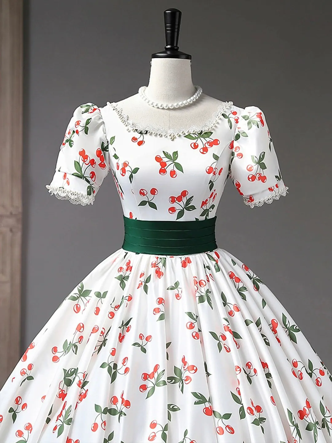 Beautiful Cherry Pattern Long Princess Prom Dress White A-Line Short Sleeve Evening Party Dress